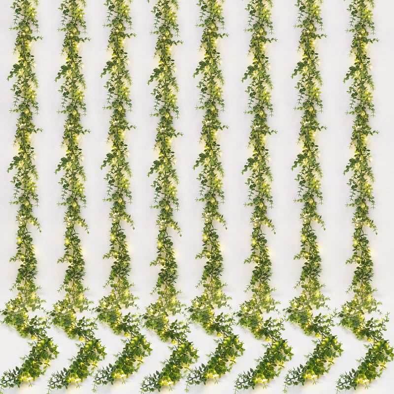 Dolicer 8 Packs Eucalyptus Garland with LED Lights String  48FT Faux Eucalyptus Greenery Garland  Artificial Hanging Green Eucalyptus Leaves Vine Wedding Backdrop Arch Wall Table Decor (Grey Green) - Image 1
