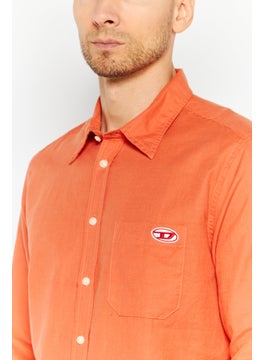 DIESEL Men Regular Fit Long Sleeves Brand Logo Casual Shirt, Orange  - Image 3