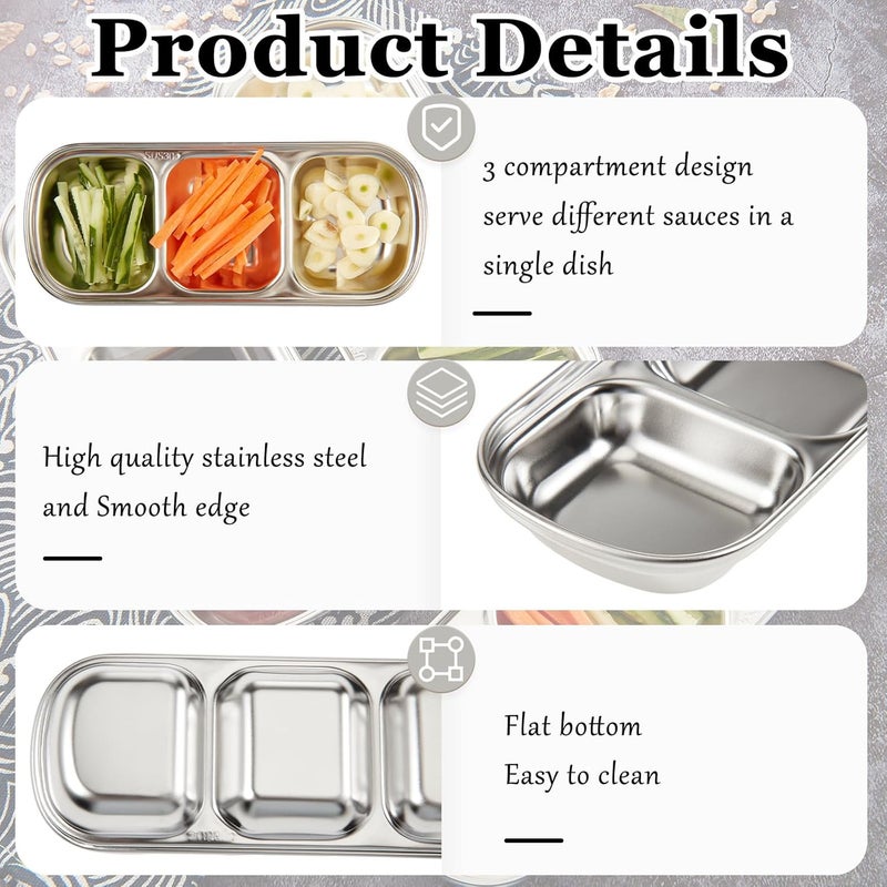 Maxcheck 12 Pcs Soy Sauce Dish Stainless Steel Divided Dip Bowls Korean 3 Compartment Sauce Plate Seasoning Dipping Condiment Tray for BBQ Vinegar Spice Salt Sugar Flavor Home Restaurant Silver - Image 3