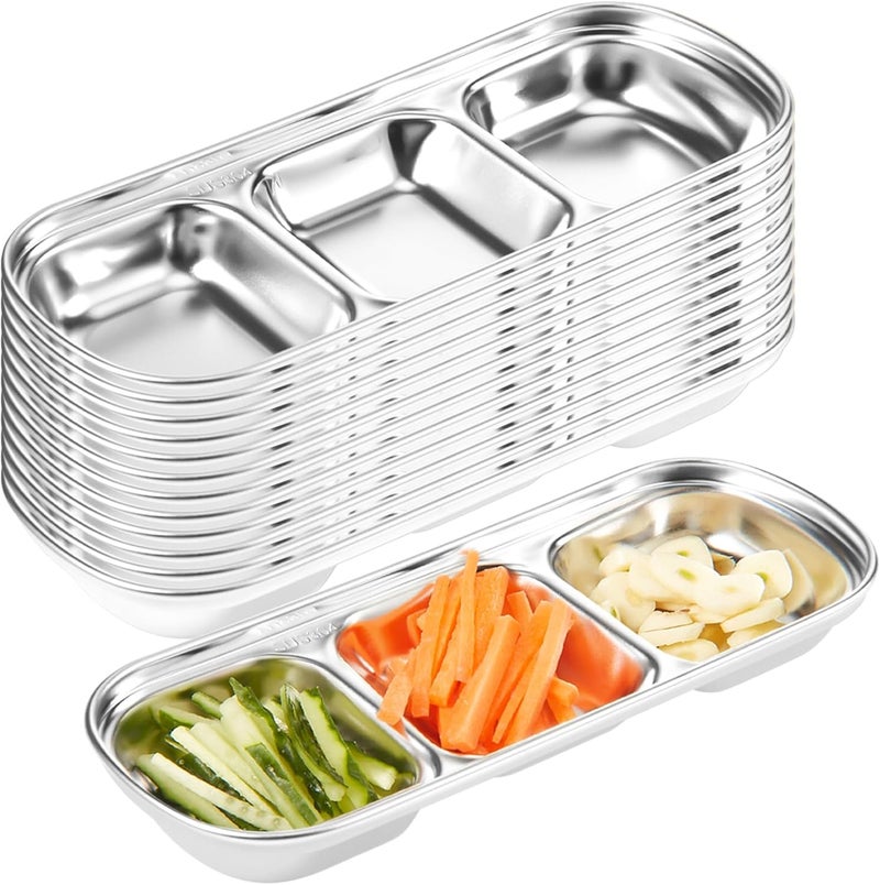 Maxcheck 12 Pcs Soy Sauce Dish Stainless Steel Divided Dip Bowls Korean 3 Compartment Sauce Plate Seasoning Dipping Condiment Tray for BBQ Vinegar Spice Salt Sugar Flavor Home Restaurant Silver - Image 1