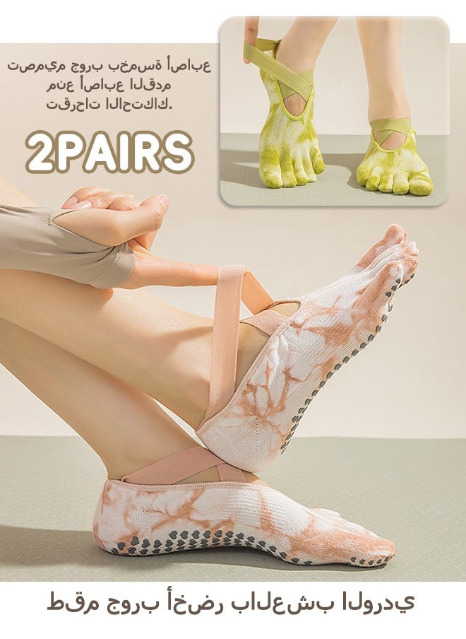 Beyond 2 Pairs Yoga Pilates Socks for Women, Non-Slip Breathable Pilates Socks, Fitness Socks for Ballet Barefoot Workout Hospital (Green+Pink)  - Image 1