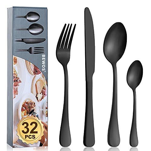 Cutlery Set BEWOS 32 Piece Stainless Steel Flatware Set Tableware Silverware Set with Matt Black Spoon Knife and Fork Set Service for 8 Dishwasher SafeEasy Clean