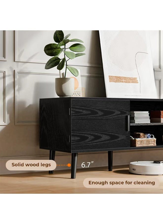 كلناميان خزانة تلفزيون مع رف قابل للتعديل وأقدام من الخشب الصلب لغرفة المعيشة وغرفة النوم باللون الأسود - Image 5