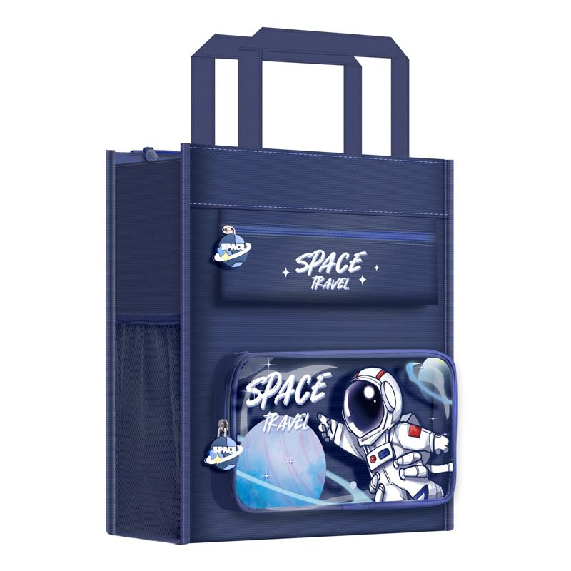 Samvardhan Travel Hanging Storage Organizer for Kids |Multi-Pocket Wall Pouch with Astronaut Design | Toy, Book, Stationery Organizer for Study Desk, Bedroom, Classroom, Canvas Carrying Bag (Blue) - Image 1