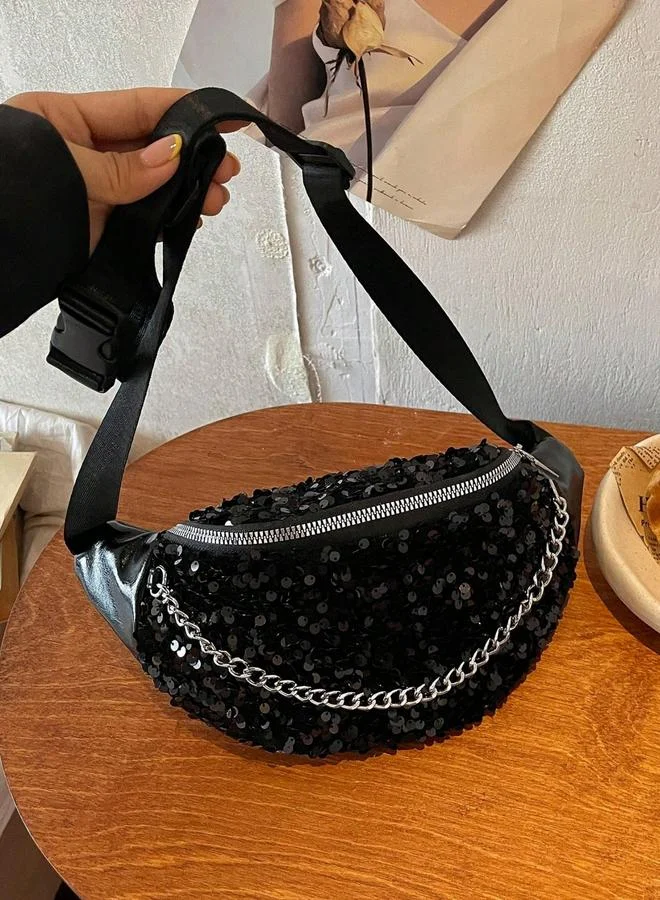 تايك تو شنطة كروسبودي مزينة بترتر مع تفاصيل سلسلة - أسود
