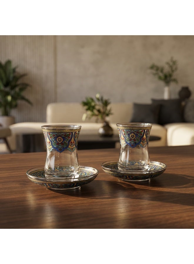 Acar Turkish Tea Glass Set with Traditional Yellow & Blue Turkish Patterns – For 2 | Made in Turkey - Image 1