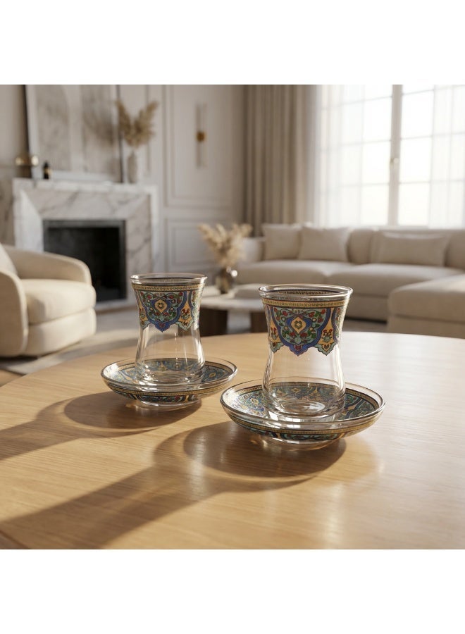 Acar Turkish Tea Glass Set with Traditional Yellow & Blue Turkish Patterns – For 2 | Made in Turkey - Image 4