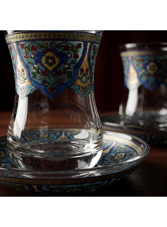 Acar Turkish Tea Glass Set with Traditional Yellow & Blue Turkish Patterns – For 2 | Made in Turkey - Image 2
