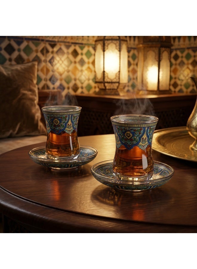 Acar Turkish Tea Glass Set with Traditional Yellow & Blue Turkish Patterns – For 2 | Made in Turkey - Image 5