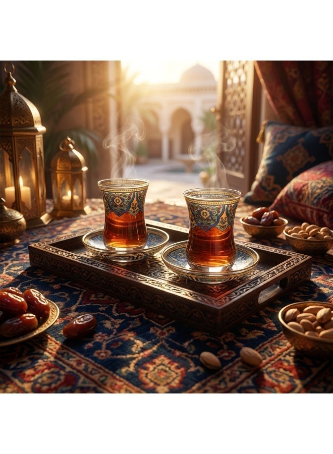 Acar Turkish Tea Glass Set with Traditional Yellow & Blue Turkish Patterns – For 2 | Made in Turkey - Image 3