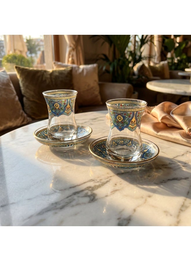 Acar Turkish Tea Glass Set with Traditional Yellow & Blue Turkish Patterns – For 2 | Made in Turkey - Image 4