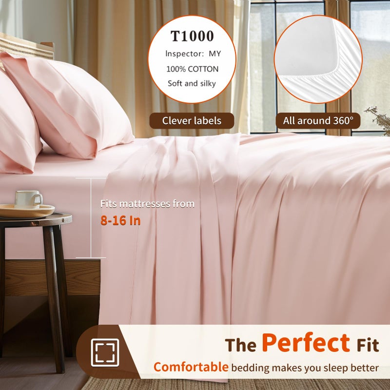 LBRO2M LBRO2M 1000 Thread Count 100% Egyptian Cotton Sheets Set King Size  4 Piece Sets Bed Sheet Deep Pocket Sheet Set 16"" Soft Comfortable All Season (King  Pink)  - Image 3