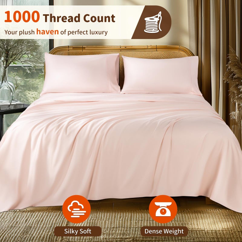 LBRO2M LBRO2M 1000 Thread Count 100% Egyptian Cotton Sheets Set King Size  4 Piece Sets Bed Sheet Deep Pocket Sheet Set 16"" Soft Comfortable All Season (King  Pink)  - Image 2
