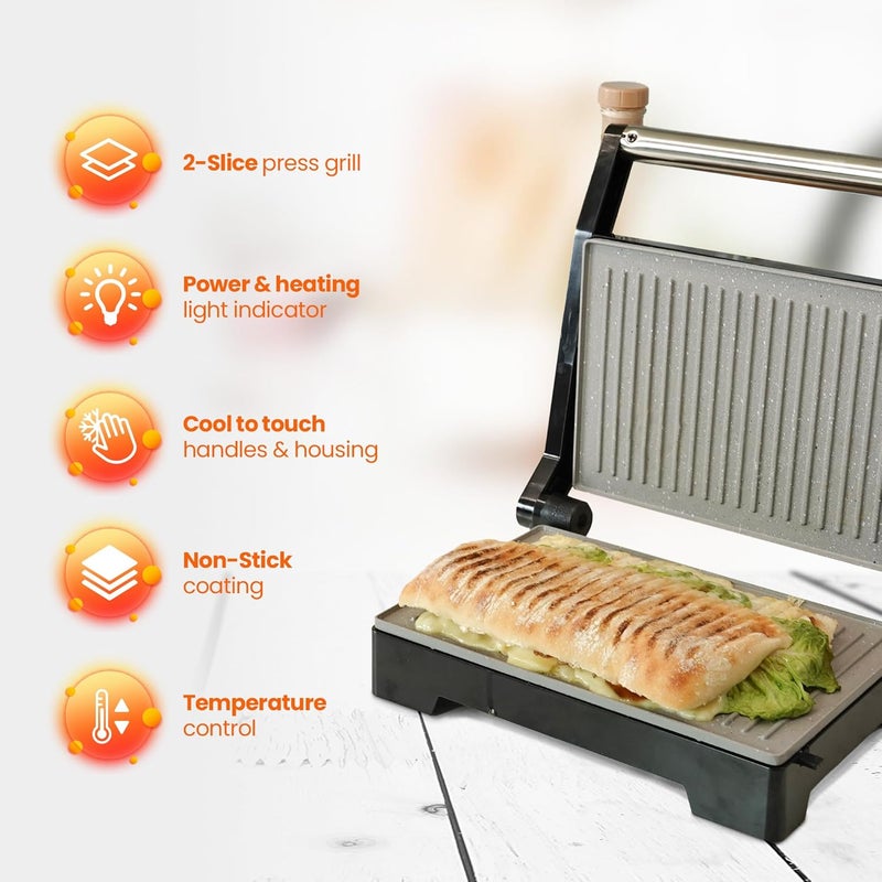 Schallen Panini Grill Press, 2 Slice Sandwich Panini Press & Toastie Maker Machine | Stainless Steel Kitchen Appliance with Non Stick Hot Plates, Cool Touch Handle, 1000W, Black & Silver - Image 3
