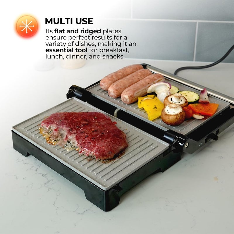 Schallen Panini Grill Press, 2 Slice Sandwich Panini Press & Toastie Maker Machine | Stainless Steel Kitchen Appliance with Non Stick Hot Plates, Cool Touch Handle, 1000W, Black & Silver - Image 5
