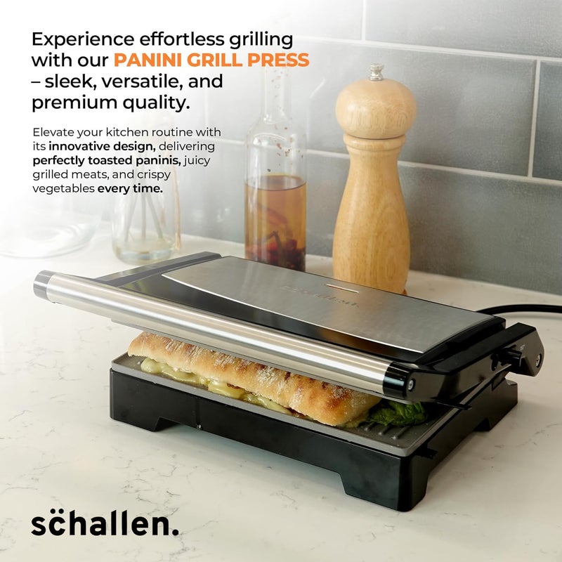 Schallen Panini Grill Press, 2 Slice Sandwich Panini Press & Toastie Maker Machine | Stainless Steel Kitchen Appliance with Non Stick Hot Plates, Cool Touch Handle, 1000W, Black & Silver - Image 2