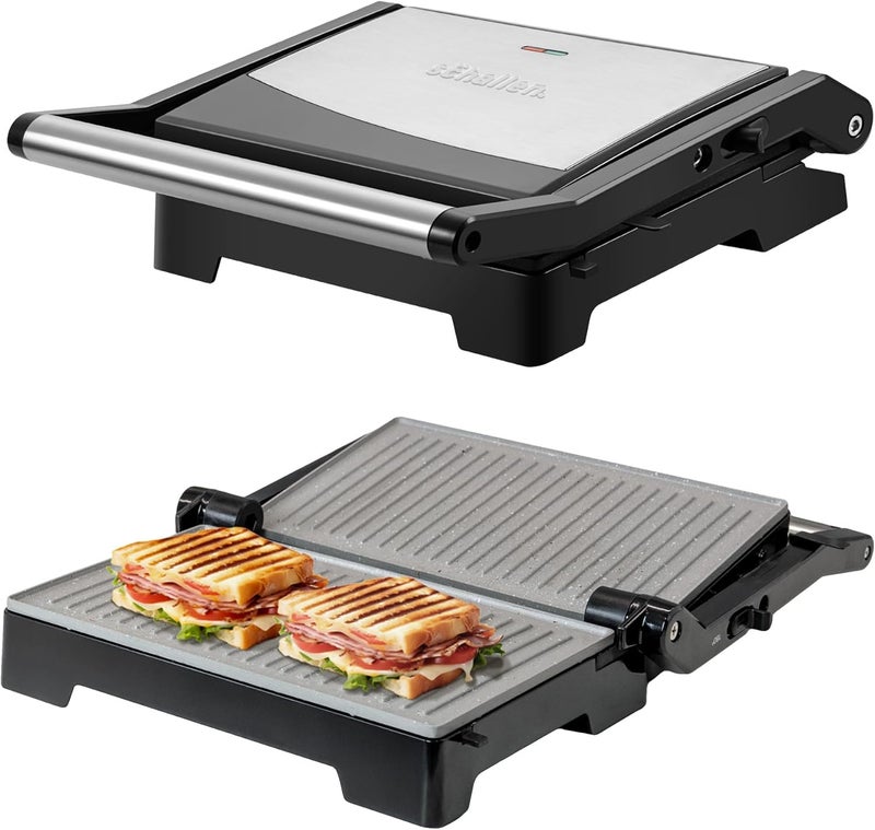 Schallen Panini Grill Press, 2 Slice Sandwich Panini Press & Toastie Maker Machine | Stainless Steel Kitchen Appliance with Non Stick Hot Plates, Cool Touch Handle, 1000W, Black & Silver - Image 1