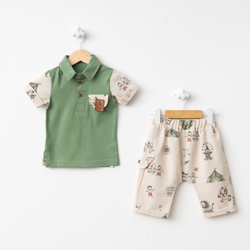 FOR MY BABY Baby Fou Tent Print Polo Neck T-shirt Set - Image 1
