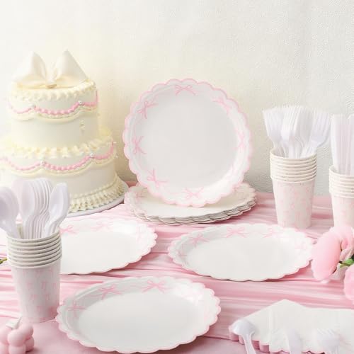 Sieral 144 Pcs Pink Scalloped Bow Party Supplies Coquette Cute Party Supplies Bachelorette Tableware Set Bow Paper Plates Napkins Cups for Girl Boy Baby Shower Wedding Birthday Decoration - Image 3