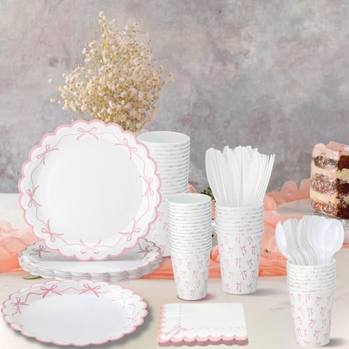 Sieral 144 Pcs Pink Scalloped Bow Party Supplies Coquette Cute Party Supplies Bachelorette Tableware Set Bow Paper Plates Napkins Cups for Girl Boy Baby Shower Wedding Birthday Decoration - Image 4