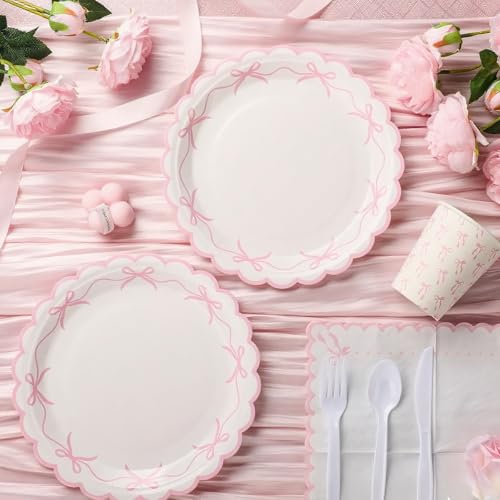 Sieral 144 Pcs Pink Scalloped Bow Party Supplies Coquette Cute Party Supplies Bachelorette Tableware Set Bow Paper Plates Napkins Cups for Girl Boy Baby Shower Wedding Birthday Decoration - Image 5