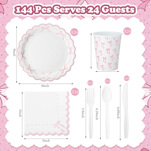 Sieral 144 Pcs Pink Scalloped Bow Party Supplies Coquette Cute Party Supplies Bachelorette Tableware Set Bow Paper Plates Napkins Cups for Girl Boy Baby Shower Wedding Birthday Decoration - Image 2