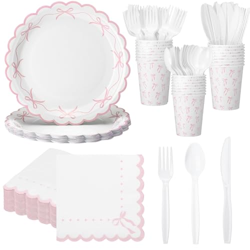 Sieral 144 Pcs Pink Scalloped Bow Party Supplies Coquette Cute Party Supplies Bachelorette Tableware Set Bow Paper Plates Napkins Cups for Girl Boy Baby Shower Wedding Birthday Decoration - Image 1