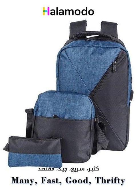 3 Pieces Set of Simple Computer Bag Large Capacity Backpack with USB Charging Port Blue