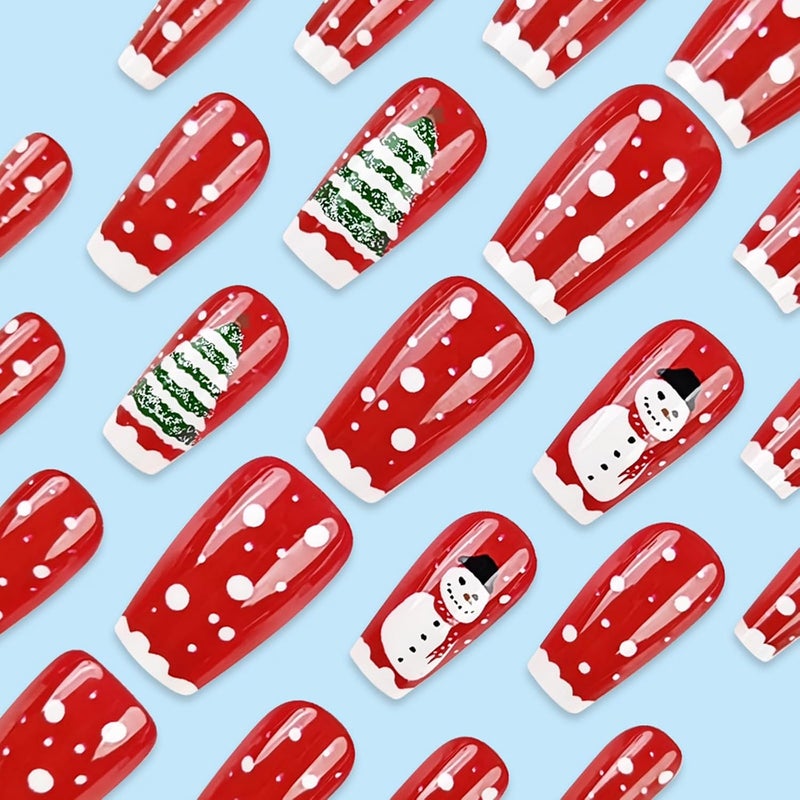 WULIUFLY Transit & use compatible 24PCS Medium Coffin Press on Nails Christmas Red French Fake Nails Medium False Nails Snowman Christmas Tree Designs Acrylic Nails Xmas Glue on Nails Glossy Medium Artificial Stick on Nails for Women Air & land transit compatible - Image 4