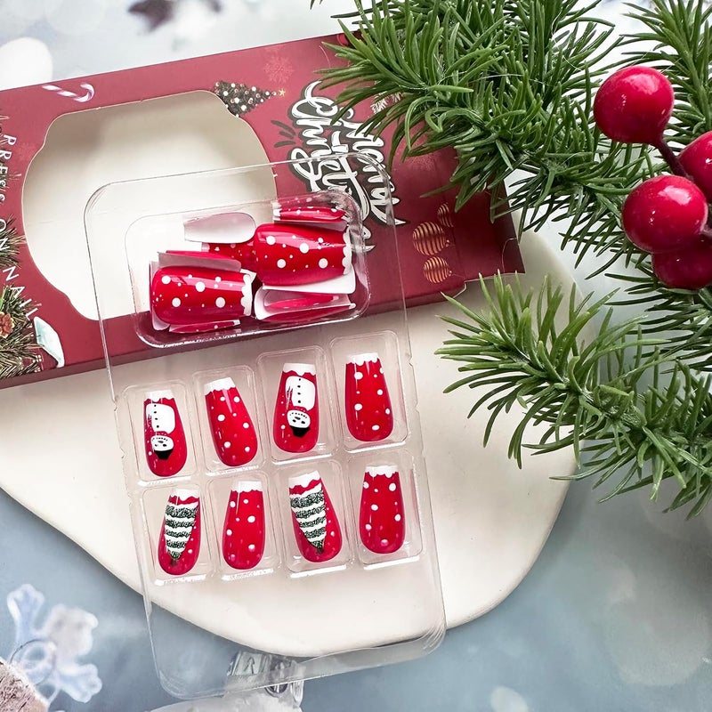 WULIUFLY Transit & use compatible 24PCS Medium Coffin Press on Nails Christmas Red French Fake Nails Medium False Nails Snowman Christmas Tree Designs Acrylic Nails Xmas Glue on Nails Glossy Medium Artificial Stick on Nails for Women Air & land transit compatible - Image 3