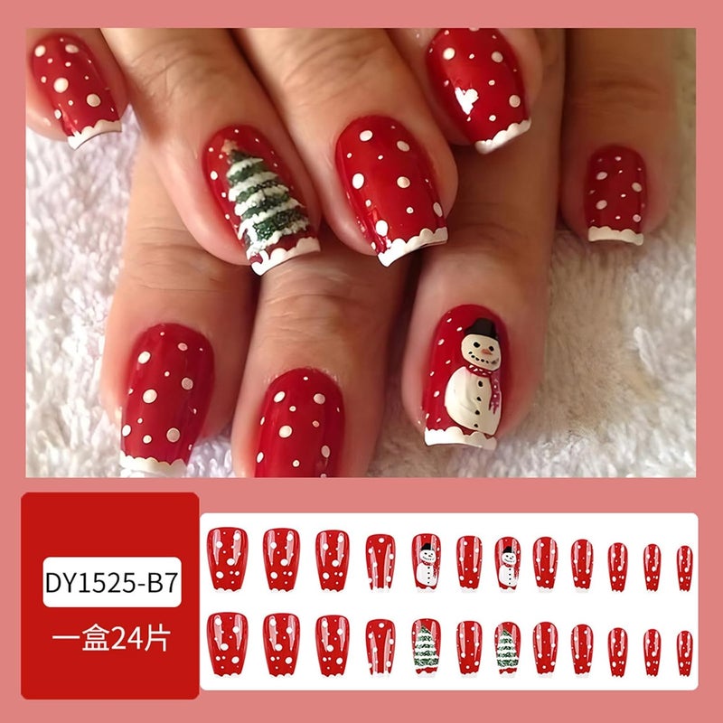 WULIUFLY Transit & use compatible 24PCS Medium Coffin Press on Nails Christmas Red French Fake Nails Medium False Nails Snowman Christmas Tree Designs Acrylic Nails Xmas Glue on Nails Glossy Medium Artificial Stick on Nails for Women Air & land transit compatible - Image 2