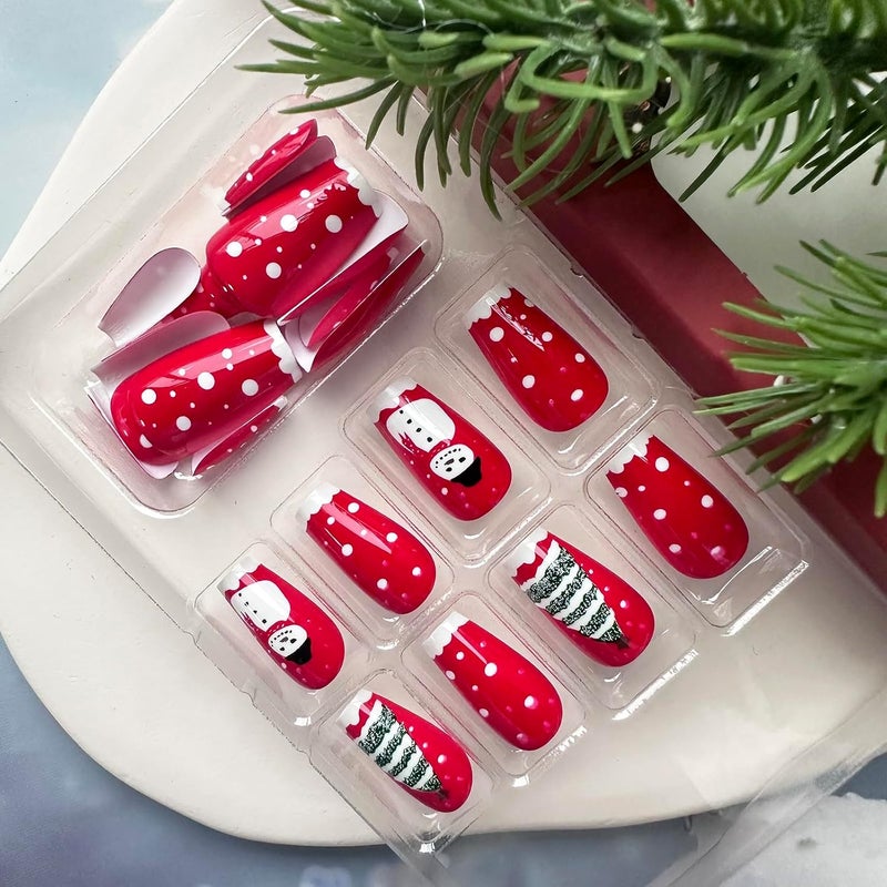 WULIUFLY Transit & use compatible 24PCS Medium Coffin Press on Nails Christmas Red French Fake Nails Medium False Nails Snowman Christmas Tree Designs Acrylic Nails Xmas Glue on Nails Glossy Medium Artificial Stick on Nails for Women Air & land transit compatible - Image 5