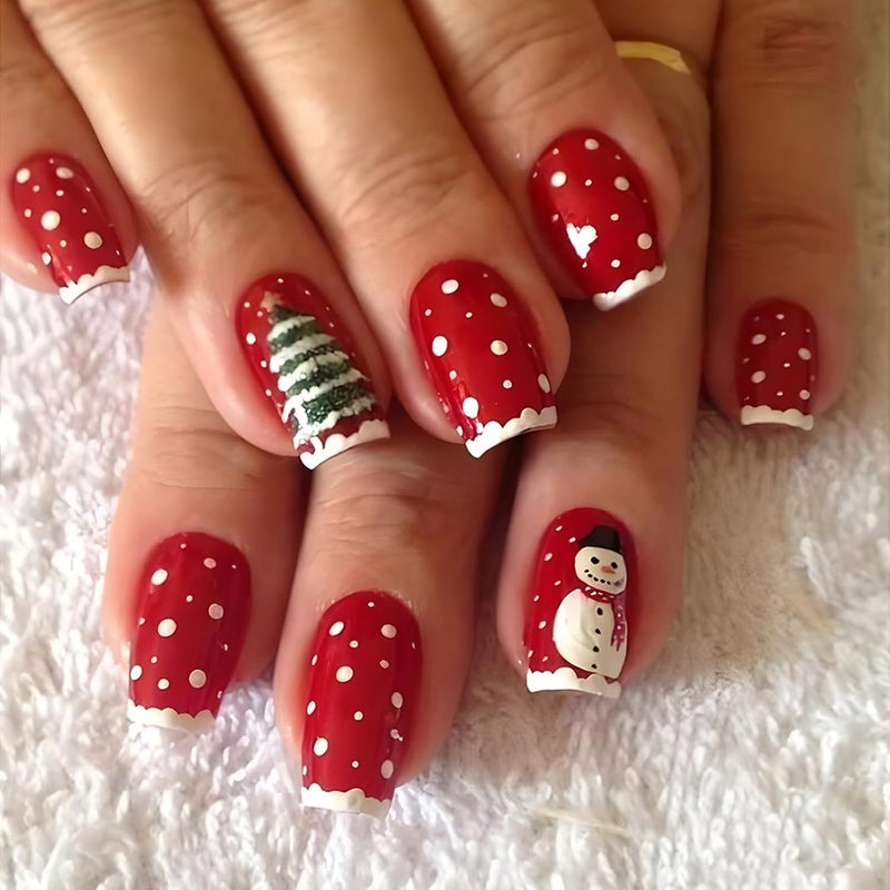 WULIUFLY Transit & use compatible 24PCS Medium Coffin Press on Nails Christmas Red French Fake Nails Medium False Nails Snowman Christmas Tree Designs Acrylic Nails Xmas Glue on Nails Glossy Medium Artificial Stick on Nails for Women Air & land transit compatible - Image 1