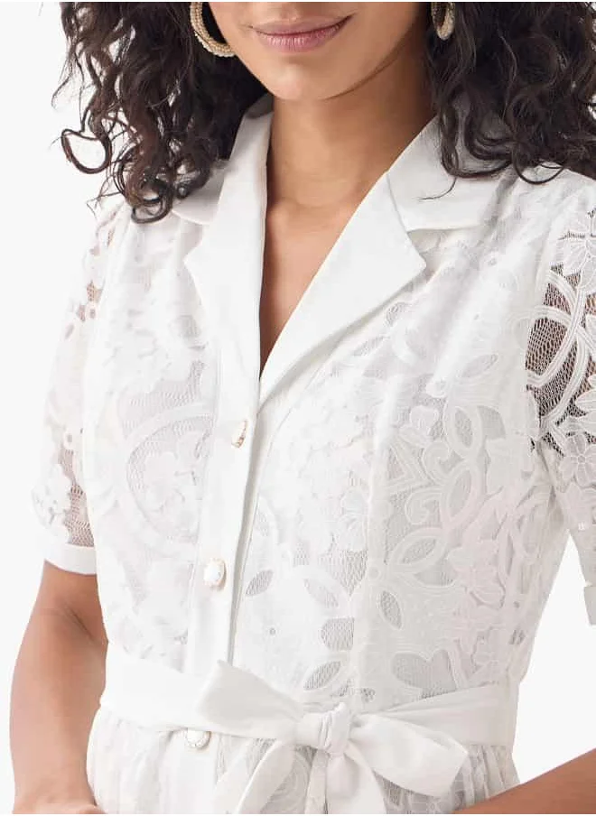 2Xtremz 2Xtremz Lace Detail Shirt Dress with Notch Collar and Tie-Up Belt