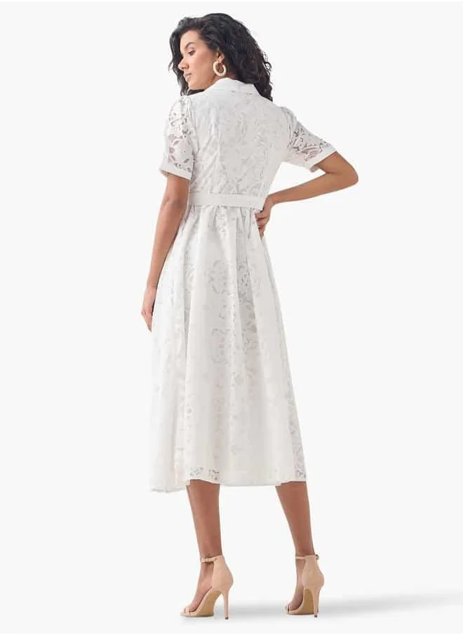 2Xtremz 2Xtremz Lace Detail Shirt Dress with Notch Collar and Tie-Up Belt