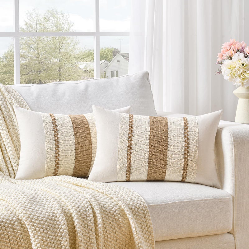 Fancy Homi Set of 2 Neutral Tan Lumbar Decorative Throw Pillow Cover 12x20 Inch for Couch Bed Sofa Chair Modern Organic Farmhouse Boho Home Decor Soft Cotton Cute Accent Taupe Rectangle Cushion Case - Image 2