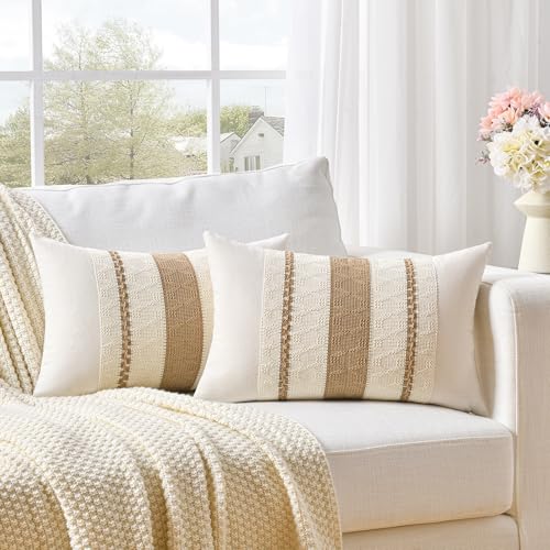 Fancy Homi Set of 2 Neutral Tan Lumbar Decorative Throw Pillow Cover 12x20 Inch for Couch Bed Sofa Chair Modern Organic Farmhouse Boho Home Decor Soft Cotton Cute Accent Taupe Rectangle Cushion Case - Image 1