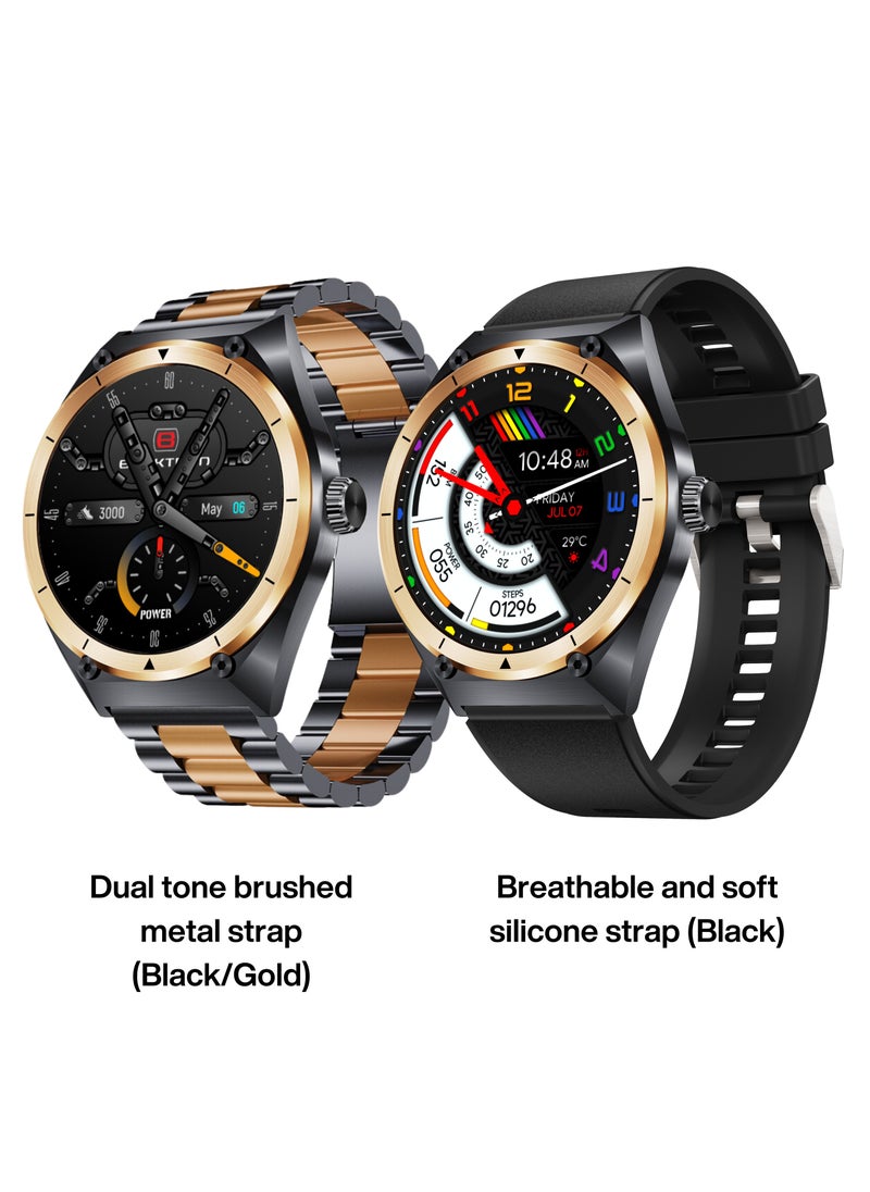 Blaktron - Infiniti X2 Smart Watch for Men - AMOLED Display, Bluetooth Calling, Fitness Tracker, Heart Rate & Sleep Monitor, Water Resistant, Long Battery Life, Dual Strap Smartwatch for Android/iOS (Black/Gold) - Image 1