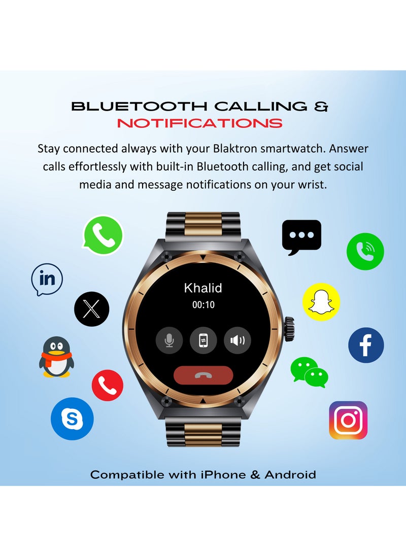 Blaktron - Infiniti X2 Smart Watch for Men - AMOLED Display, Bluetooth Calling, Fitness Tracker, Heart Rate & Sleep Monitor, Water Resistant, Long Battery Life, Dual Strap Smartwatch for Android/iOS (Black/Gold) - Image 1