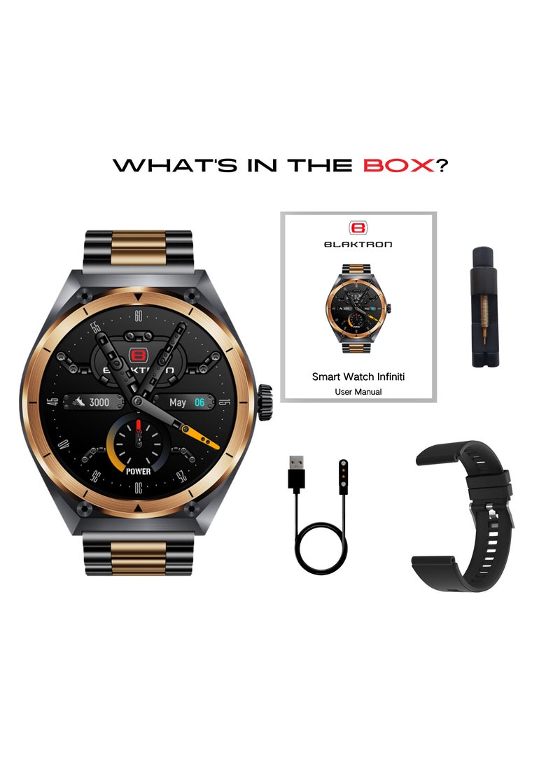 Blaktron - Infiniti X2 Smart Watch for Men - AMOLED Display, Bluetooth Calling, Fitness Tracker, Heart Rate & Sleep Monitor, Water Resistant, Long Battery Life, Dual Strap Smartwatch for Android/iOS (Black/Gold) - Image 1