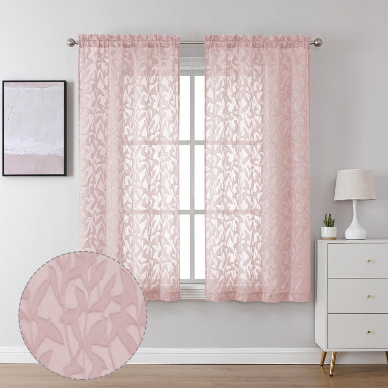 Lecloud Leia Clip Leaf Pink Sheer Curtains 63 Inch Length 2 Panels, Dual Rod Pockets Light Filtering Voile Blush Curtain for Living Room Bedroom, Farmhouse Jacquard Textured Short Drapes, 38W x 63L - Image 1