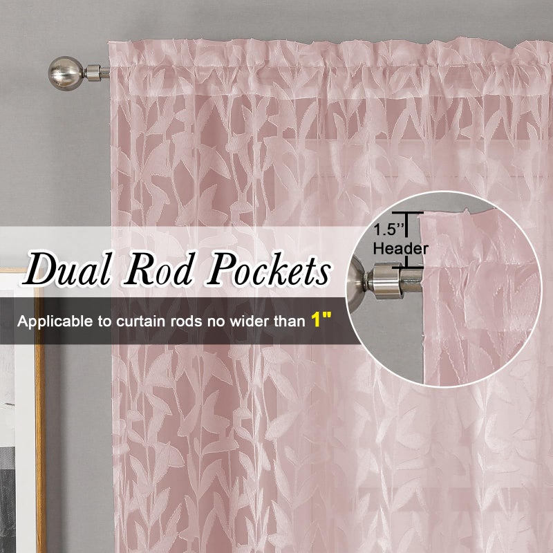 Lecloud Leia Clip Leaf Pink Sheer Curtains 63 Inch Length 2 Panels, Dual Rod Pockets Light Filtering Voile Blush Curtain for Living Room Bedroom, Farmhouse Jacquard Textured Short Drapes, 38W x 63L - Image 2