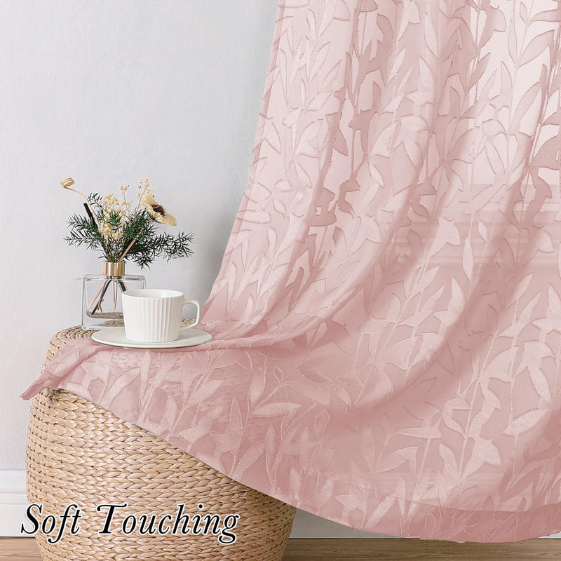 Lecloud Leia Clip Leaf Pink Sheer Curtains 63 Inch Length 2 Panels, Dual Rod Pockets Light Filtering Voile Blush Curtain for Living Room Bedroom, Farmhouse Jacquard Textured Short Drapes, 38W x 63L - Image 3