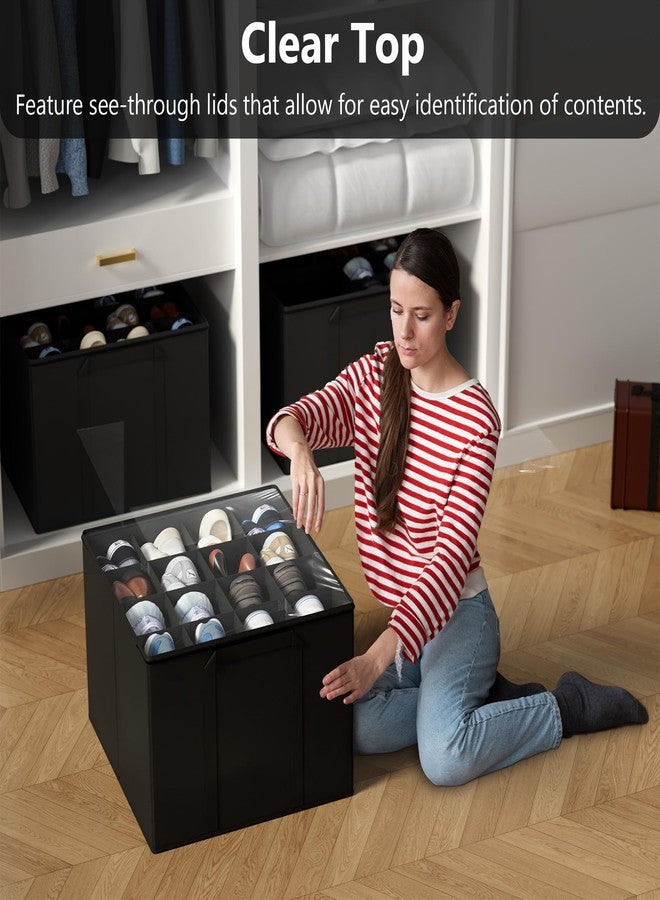 SUOCO 2 Pack Shoe Organizer for Closet, Fits up to 32 Pairs, Small Space Shoe Storage Boxes Bins Containers w/Adjustable Dividers and Clear Top, Black - Image 3
