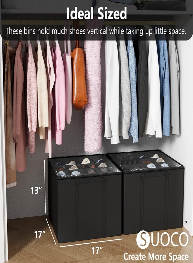 SUOCO 2 Pack Shoe Organizer for Closet, Fits up to 32 Pairs, Small Space Shoe Storage Boxes Bins Containers w/Adjustable Dividers and Clear Top, Black - Image 4