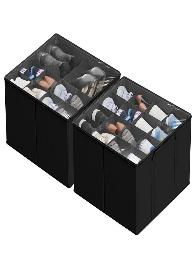 SUOCO 2 Pack Shoe Organizer for Closet, Fits up to 32 Pairs, Small Space Shoe Storage Boxes Bins Containers w/Adjustable Dividers and Clear Top, Black - Image 1