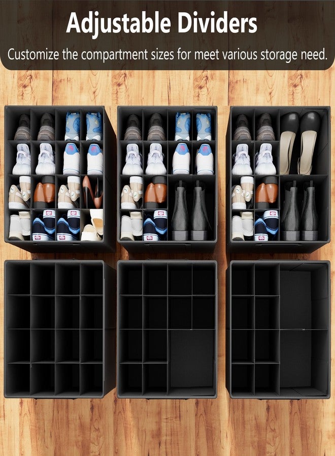 SUOCO 2 Pack Shoe Organizer for Closet, Fits up to 32 Pairs, Small Space Shoe Storage Boxes Bins Containers w/Adjustable Dividers and Clear Top, Black - Image 2