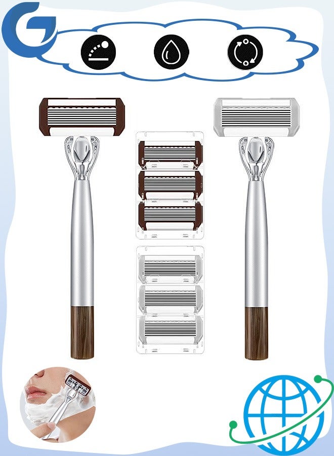 مانجي 2 قطعتان يدوية من آلات الحلاقة للرجال مع 6 شفرات بديلة ذات ثماني طبقات، مجموعة حلاقة من الفولاذ المقاوم للصدأ، تزيين اللحية لفندق وسبأ ديلي - Image 1