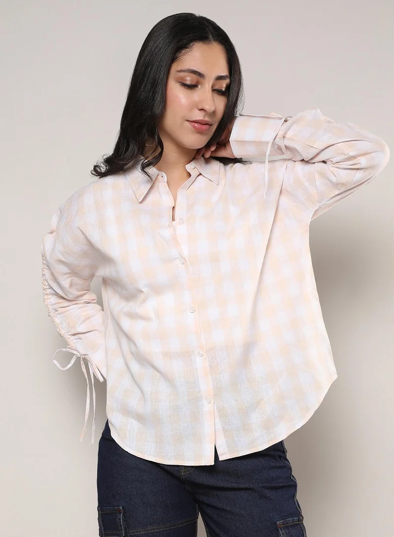 Campus Sutra Women's White & Peach Buffalo Check Shirt