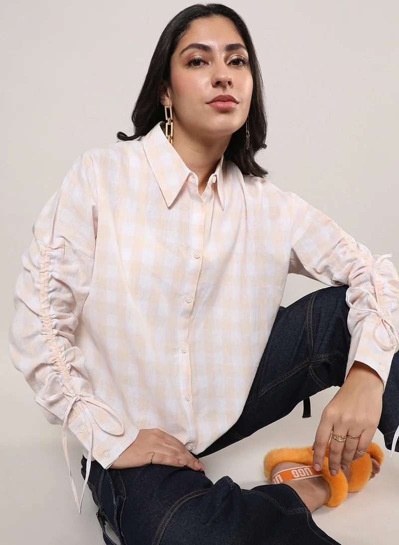 Campus Sutra Women's White & Peach Buffalo Check Shirt